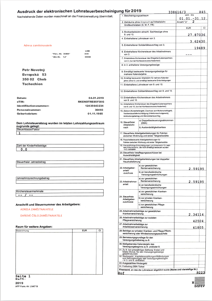 Potvrzení o zdanitelných příjmech - Lohnsteuerbescheinigung